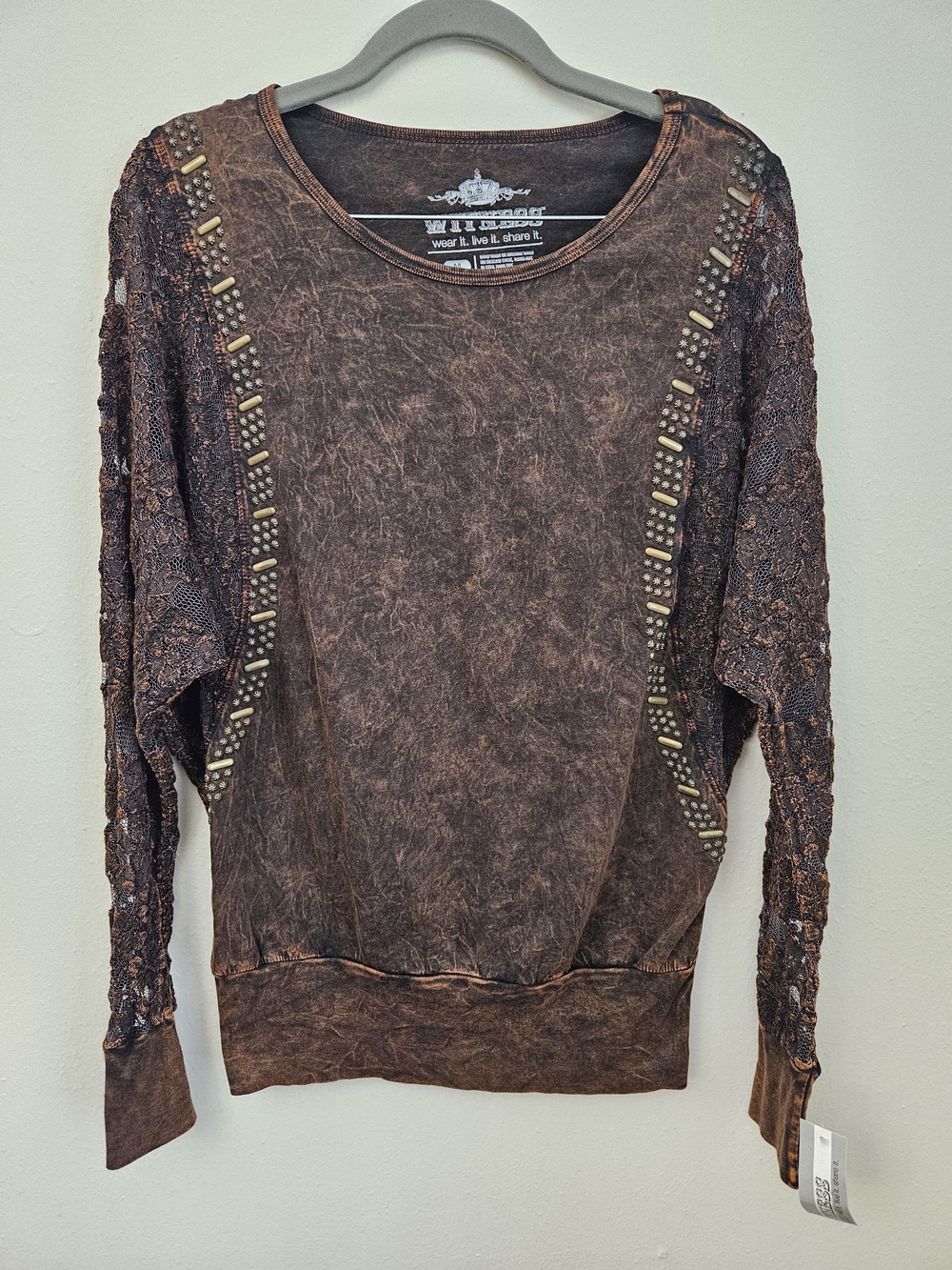 Vintage-Inspired Brown Studded Lace Sleeve Women's Sweater